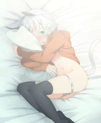 Rule 34 | 1girl, animal ears, black thighhighs, blue eyes, cat ears, cat tail, covering privates, covering face, fetal position, hood, hoodie, looking at viewer, lying, majima yuki, navel, no pants, hugging object, on bed, open clothes, open shirt, original, panties, panty pull, pillow, pillow hug, plantar flexion, shirt, short hair, silver hair, solo, sunlight, tail, tears, thighhighs, underwear