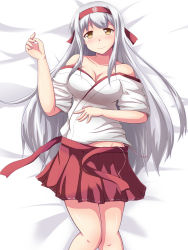 Rule 34 | 10s, 1girl, blouse, breasts, brown eyes, cleavage, hairband, japanese clothes, jewelry, kantai collection, large breasts, long hair, lying, on back, ring, shirt, shoukaku (kancolle), silver hair, skirt, smile, solo, wedding band, wedding ring, yukimi unagi