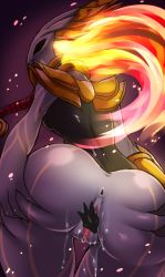 Rule 34 | 1girl, animal ears, anus, ass, breasts, censored, fire, highres, kindred (league of legends), lamb (league of legends), league of legends, long hair, mask, pussy, shadowfire kindred, solo, spread pussy, thighs, wet, wolf