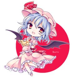 Rule 34 | 1girl, :d, bad id, bad pixiv id, bat wings, blue hair, character name, chibi, fang, hands on own chest, hat, open mouth, orange eyes, remilia scarlet, short hair, simple background, smile, solo, touhou, two-tone background, white background, wings, yukimiya (parupunta)
