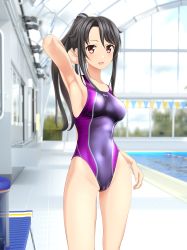Rule 34 | 1girl, absurdres, armpits, bench, black hair, breasts, cameltoe, commentary request, competition swimsuit, contrapposto, cowboy shot, high school fleet, highres, indoors, long hair, looking at viewer, medium breasts, multicolored clothes, multicolored swimsuit, munetani mashiro, one-piece swimsuit, open mouth, ponytail, pool, presenting armpit, purple one-piece swimsuit, red eyes, round teeth, sidelocks, solo, standing, string of flags, swimsuit, takafumi, teeth, upper teeth only