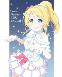 Rule 34 | 1girl, ayase eli, blonde hair, blue eyes, blush, bow, buttons, dress, earrings, female focus, flower, frilled dress, frills, fur trim, gloves, hair bow, hair flower, hair ornament, headset, high ponytail, highres, idol, jewelry, long hair, looking at viewer, love live!, love live! school idol festival, love live! school idol project, parted lips, pleated dress, pom pom (clothes), pom pom earrings, ponytail, red bow, red flower, red rose, rose, scrunchie, short hair, short sleeves, skirt, smile, snow halation, solo, sparkle, standing, swept bangs, tobiwo, white dress, white gloves, white skirt