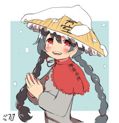Rule 34 | 1girl, ajirogasa, black hair, blush, braid, capelet, commentary, hair between eyes, hat, highres, kapiten70, long sleeves, open mouth, own hands together, red capelet, red eyes, sketch, snow, snowing, solo, touhou, translation request, twin braids, yatadera narumi