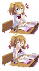 Rule 34 | 10s, 1girl, 2koma, ^ ^, blue eyes, blush, book, brown hair, chair, closed eyes, comic, desk, doodle, eraser, hair ribbon, holding, kosaka honoka, long hair, looking at viewer, love live!, love live! school idol project, mechanical pencil, mouth hold, neck ribbon, notebook, open book, pencil, ribbon, school desk, school uniform, shipii (jigglypuff), side ponytail, simple background, sitting, sleeves pushed up, solo, waving, white background, yellow ribbon