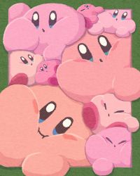 Rule 34 | :o, blue eyes, blush, blush stickers, border, cheek squash, closed eyes, closed mouth, commentary request, green border, highres, kirby, kirby (series), looking at viewer, miclot, nintendo, no humans, parted lips, pink footwear, shoes