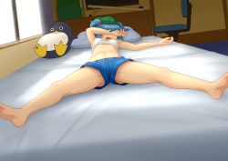 Rule 34 | 1girl, arm on own head, barefoot, bed, breasts, chair, desk, drooling, hair bobbles, hair ornament, hat, iromeki overdrive, kawashiro nitori, midriff, navel, office chair, open mouth, short shorts, shorts, sleeping, small breasts, soles, solo, stuffed animal, stuffed penguin, stuffed toy, swivel chair, tank top, toes, touhou, twintails, two side up, upshorts, window