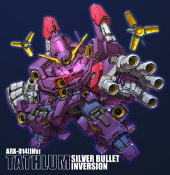 Rule 34 | chibi, clenched hands, funnels (gundam), glowing, glowing eyes, gundam, gundam unicorn, mecha, mobile suit, no humans, pink eyes, redesign, robot, science fiction, silver bullet (mobile suit), susagane, v-fin