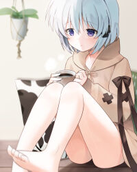 Rule 34 | 1girl, bare legs, barefoot, black bow, black ribbon, blurry, blush, bow, brown shirt, casual, closed mouth, coffee, commentary request, cup, depth of field, expressionless, feet, foot out of frame, grey hair, hands up, haruchimo, highres, holding, holding cup, indoors, kagari (rewrite), knees up, legs together, long sleeves, looking down, paid reward available, puffy long sleeves, puffy sleeves, purple eyes, rewrite, ribbon, shirt, short hair, sidelighting, sitting, sleeves past wrists, solo, steam, straight hair, thighs, toes