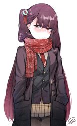 Rule 34 | 1girl, artist name, asymmetrical bangs, black coat, black pantyhose, blush, brown skirt, closed mouth, coat, girls&#039; frontline, grey background, hair ribbon, highres, long hair, looking at viewer, miniskirt, nose blush, official alternate costume, one side up, open clothes, open coat, pantyhose, plaid, plaid skirt, pleated skirt, purple eyes, purple hair, red ribbon, ribbon, signature, simple background, skirt, solo, tosyeo, tsurime, very long hair, vest, wa2000 (date in the snow) (girls&#039; frontline), wa2000 (girls&#039; frontline)