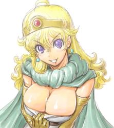Rule 34 | 1girl, amania orz, blonde hair, breasts, cape, circlet, cleavage, dragon quest, dragon quest iii, dress, earrings, elbow gloves, gloves, jester (dq3), jewelry, large breasts, long hair, looking at viewer, purple eyes, sage (dq3), simple background, smile, solo, square enix, white background
