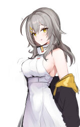 Rule 34 | 1girl, :p, bare shoulders, black jacket, breasts, commentary request, cowboy shot, dress, grey hair, highres, honkai: star rail, honkai (series), jacket, large breasts, long hair, looking at viewer, mini2chainz, off shoulder, simple background, sleeveless, sleeveless dress, solo, standing, stelle (honkai: star rail), tongue, tongue out, trailblazer (honkai: star rail), white background, white dress, yellow eyes