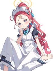 Rule 34 | 1girl, apron, bandaid, bandaid on face, bandaid on foot, bandaid on forehead, barefoot, blue archive, blue bow, blue bowtie, bow, bowtie, closed mouth, halo, highres, long hair, looking at viewer, maid, maid apron, maid headdress, puffy short sleeves, puffy sleeves, red hair, short sleeves, simple background, sitting, solo, tamago (eva1314056), toes, white apron, white background, yellow halo, yuzu (blue archive), yuzu (maid) (blue archive)