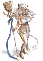 Rule 34 | 1girl, :d, absurdres, animal ears, ash (fire emblem), bicep strap, black horns, breasts, brown eyes, commentary, cow ears, cow girl, cow horns, cow tail, dark-skinned female, dark skin, ear piercing, earrings, female focus, fingernails, fire emblem, fire emblem heroes, full body, gonzarez, highres, hip vent, holding, holding staff, horns, jewelry, large breasts, long hair, looking at viewer, nintendo, open mouth, piercing, silver hair, simple background, smile, solo, staff, standing, tail, thighhighs, thighs, white background, white thighhighs