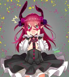Rule 34 | 10s, 1girl, ^^^, asymmetrical horns, blue eyes, blush, copyright name, detached sleeves, dress, elizabeth bathory (fate), elizabeth bathory (fate/extra ccc), elizabeth bathory (first ascension) (fate), fate/extra, fate/extra ccc, fate (series), frilled dress, frills, hands on own face, highres, horns, kaerunoko, long hair, looking at viewer, open mouth, pink hair, pointy ears, solo, surprised, two side up, uneven horns