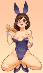 Rule 34 | 1girl, ace attorney, animal ears, blush, breasts, brown hair, cum, cum on body, cum on breasts, cum on upper body, fake animal ears, handjob, heart, heart-shaped pupils, leotard, leotard pull, medium breasts, nipples, penis, playboy bunny, rabbit ears, righteoustea, smile, squatting, symbol-shaped pupils, trucy wright, uncensored, wrist cuffs