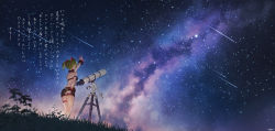 Rule 34 | absurdres, arm strap, arm up, bow, chinese text, delutaya, earrings, galaxy, gold earrings, green hair, highres, indie virtual youtuber, jewelry, jun wei, midriff, miniskirt, night, night sky, outdoors, outstretched arm, scenery, shooting star, short hair, skirt, sky, star (sky), telescope, thigh strap, triangle earrings, triangle hair ornament, twintails, utaite, virtual youtuber, wristband