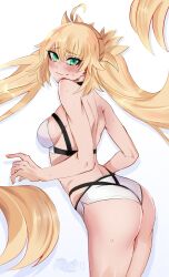 Rule 34 | 1girl, absurdres, artoria caster (fate), artoria caster (swimsuit) (fate), artoria caster (swimsuit) (first ascension) (fate), artoria pendragon (fate), ass, bikini, blonde hair, blush, breasts, colored eyelashes, ev3n793, fate/grand order, fate (series), green eyes, hair between eyes, highres, long hair, medium breasts, nail polish, simple background, swimsuit, tearing up, twintails, wedgie, white background