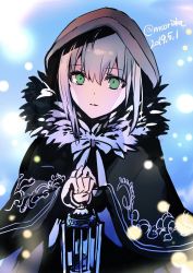 Rule 34 | 1girl, black cloak, cloak, dated, fate/grand order, fate (series), fur collar, gray (fate), green eyes, highres, holding, holding lantern, hood, lantern, looking at viewer, lord el-melloi ii case files, parted lips, rioka (southern blue sky), sidelocks, silver hair, solo, twitter username, upper body