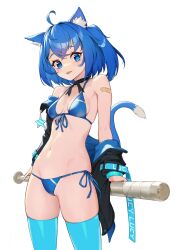 Rule 34 | 1girl, :p, absurdres, ahoge, animal ear fluff, animal ears, aqua thighhighs, bandaid, bandaid on arm, bare shoulders, baseball bat, bikini, blue bikini, blue eyes, blue hair, breasts, cat ears, cat girl, cat tail, commentary request, cowboy shot, crossed bangs, front-tie bikini top, front-tie top, highres, holding, holding baseball bat, jacket, jacket partially removed, korean commentary, long sleeves, looking at viewer, navel, open clothes, open jacket, original, pjman, short hair, side-tie bikini bottom, side ponytail, simple background, small breasts, solo, star (symbol), stomach, swimsuit, tail, tail raised, thighhighs, tongue, tongue out, two-sided fabric, two-sided jacket, white background