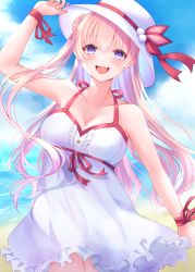 Rule 34 | 1girl, :d, absurdres, arm up, beach, blonde hair, blush, breasts, cloud, cloudy sky, commentary request, cowboy shot, day, dress, frilled dress, frills, halterneck, hand on headwear, hat, hat ribbon, highres, huge filesize, large breasts, long hair, looking at viewer, ocean, open mouth, princess connect!, purple eyes, red ribbon, ribbon, ryuna (inc moon), sidelocks, sky, smile, solo, tareme, teeth, tsumugi (princess connect!), upper teeth only, white dress, white hat, wrist ribbon