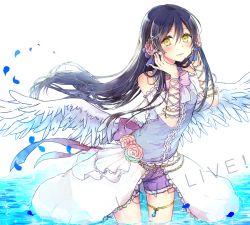 Rule 34 | 10s, 1girl, akakura, angel wings, arm wrap, armband, blue hair, bow, copyright name, cowboy shot, flower, hair flower, hair ornament, hair ribbon, hairpin, hands up, headset, in water, long hair, looking at viewer, love live!, love live! school idol festival, love live! school idol project, petals, ribbon, shorts, solo, sonoda umi, standing, tears, thigh strap, very long hair, wading, wings, yellow eyes