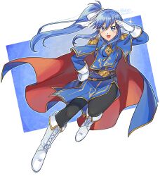 Rule 34 | 1girl, :d, absurdres, artist name, betabetamaru, black pantyhose, blue background, blue cape, blue eyes, blue hair, boots, breasts, cape, commentary, commentary request, commission, cosplay, english commentary, fire emblem, fire emblem: genealogy of the holy war, full body, gloves, gold trim, hand on own hip, high ponytail, highres, looking at viewer, mixed-language commentary, nintendo, open mouth, original, pantyhose, red cape, seliph (fire emblem), seliph (fire emblem) (cosplay), small breasts, smile, solo, sparkle, twitter username, two-sided cape, two-sided fabric, two-tone background, two-tone cape, watermark, white background, white footwear, white gloves