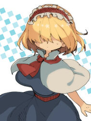 Rule 34 | 1girl, alice margatroid, blonde hair, blue dress, breasts, capelet, closed mouth, cookie (touhou), cowboy shot, dress, expressionless, frilled hairband, frills, hair between eyes, hairband, jigen (cookie), large breasts, nahori (hotbeans), necktie, red hairband, red necktie, red sash, sash, solo, standing, touhou, white background, white capelet