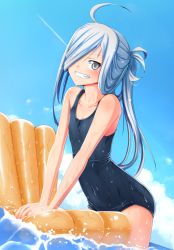 Rule 34 | 10s, 1girl, ahoge, asashimo (kancolle), bare shoulders, blush, cloud, collarbone, day, grin, hair over one eye, kantai collection, long hair, looking at viewer, one-piece swimsuit, ponytail, school swimsuit, grey eyes, silver hair, sky, smile, solo, swimsuit, tks (526tks), v arms, water, wet, wet clothes, wet swimsuit