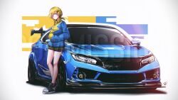 Rule 34 | 1girl, absurdres, black footwear, black shorts, blue jacket, blush, brown skirt, car, commission, hair ornament, hairclip, hands in pockets, head tilt, highres, honda, honda civic, honda civic type r, jacket, light frown, looking at viewer, low ponytail, miniskirt, mizzterbii, motor vehicle, multicolored clothes, multicolored jacket, original, shoes, shorts, shorts under skirt, signature, skirt, sneakers, solo, spoiler (automobile), spoon sports, track jacket, two-tone jacket, vehicle focus, watermark, yellow jacket