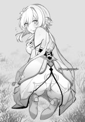 Rule 34 | 1girl, artist name, ass, back, backless outfit, bare shoulders, blush, breasts, crotch seam, detached sleeves, dress, feathers, flower, from behind, genshin impact, greyscale, hair between eyes, hair flower, hair ornament, high heels, kuromu shado, looking at viewer, looking back, lumine (genshin impact), medium breasts, monochrome, notice lines, panties, parted lips, short hair with long locks, sidelocks, solo, sweat, twitter username, underwear