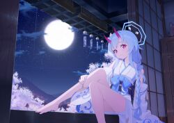 Rule 34 | 1girl, absurdres, architecture, artist request, barefoot, blue archive, blue bow, blue hair, blue halo, blush, bow, cherry blossoms, chise (blue archive), detached sleeves, double-parted bangs, east asian architecture, feet, flower, full moon, game cg, hair flower, hair ornament, hakama, halo, hand fan, highres, horns, japanese clothes, kimono, long braid, looking at viewer, moon, non-web source, obi, official art, oni, oni horns, red eyes, red horns, sailor collar, sash, shouji, sky, sleeveless, sleeveless kimono, sliding doors, solo, star (sky), starry sky, white hakama, white sailor collar, wide sleeves