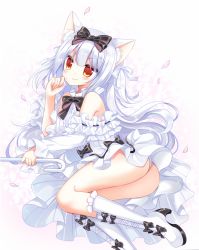 Rule 34 | 1girl, animal ear fluff, animal ears, azur lane, bare shoulders, black bow, blush, boots, bow, brown eyes, cat ears, closed mouth, commentary request, dress, fang, fang out, frilled boots, frilled footwear, frills, hair between eyes, hair bow, high heel boots, high heels, holding, knee boots, long hair, long sleeves, looking at viewer, lying, on side, petals, shikito (yawa0w0), silver hair, sleeves past wrists, smile, solo, very long hair, white dress, white footwear, yukikaze (azur lane)