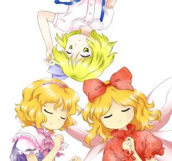 Rule 34 | 3girls, alice margatroid, alice margatroid (pc-98), blonde hair, blue ribbon, bow, buttons, closed eyes, closed mouth, collared shirt, dress shirt, hair between eyes, hair bow, hair ribbon, hairband, multiple girls, multiple persona, nonamejd, official style, pink hairband, puffy short sleeves, puffy sleeves, red bow, ribbon, shirt, short hair, short sleeves, simple background, suspenders, touhou, touhou (pc-98), white background, white shirt, zun (style)
