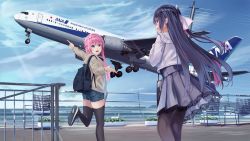 Rule 34 | 2girls, aircraft, airplane, all nippon airways, backpack, bag, black footwear, black hair, black legwear, blouse, blue eyes, blue shorts, blue sky, blunt bangs, boeing, boeing 767, brown jacket, chair, cloud, commentary request, fence, grey skirt, highres, holding, holding bag, jacket, long hair, long sleeves, looking at another, looking back, multiple girls, original, outdoors, pantyhose, pink hair, png pant (bus), pointing, red eyes, shirt, shoes, shorts, skirt, sky, sneakers, taking off, thighhighs, vehicle focus, white shirt