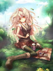 Rule 34 | 1girl, bad id, bad pixiv id, blonde hair, boots, breasts, female focus, food, full body, highres, long hair, nature, outdoors, plant, plastick, sitting, skirt, sky, solo, thighhighs, wariza