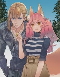 Rule 34 | 1boy, 1girl, :d, alternate costume, alternate hairstyle, animal ear fluff, animal ears, belt, biker clothes, black jacket, blonde hair, blue eyes, blue sky, breasts, casual, collarbone, commentary request, cowboy shot, day, fang, fate/extra, fate/grand order, fate (series), fox ears, fox girl, fox tail, hair between eyes, jacket, jewelry, kurusu piyo, large breasts, leaf, long hair, long sleeves, necklace, open mouth, outdoors, pink hair, ponytail, sakata kintoki (fate), sidelocks, sky, smile, striped clothes, striped sweater, sweatdrop, sweater, tail, tamamo (fate), tamamo no mae (fate/extra), teeth, v-shaped eyebrows, yellow eyes