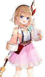 Rule 34 | 1girl, belt, beret, blue eyes, blush, broom, collarbone, feet out of frame, flask, fuumi (radial engine), hair ornament, hairclip, hat, jacket, light brown hair, open clothes, open jacket, open mouth, pink skirt, sarasa feed, shinmai renkinjutsushi no tenpo keiei, short hair, sidelocks, simple background, skirt, solo, white background, white hat, wide sleeves