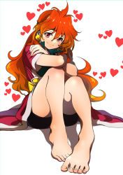Rule 34 | 1girl, :3, absurdres, bare legs, barefoot, black shorts, closed mouth, crossed arms, earrings, full body, hair between eyes, heart, highres, ichi orgin, jewelry, lina inverse, long hair, looking at viewer, orange hair, red eyes, short shorts, short sleeves, shorts, sitting, slayers, smile, solo, very long hair, white background
