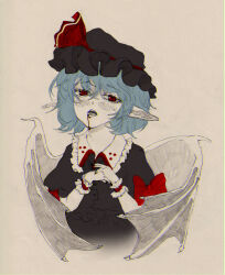 Rule 34 | 1girl, bat wings, black hat, black shirt, blood, blood from mouth, blue hair, bow, brown background, collared shirt, cropped torso, fingernails, frilled shirt, frilled shirt collar, frills, hair between eyes, hat, hat ribbon, head tilt, highres, long fingernails, looking at viewer, medium hair, mob cap, open mouth, own hands together, pointy ears, puffy short sleeves, puffy sleeves, red bow, red eyes, red nails, red ribbon, remilia scarlet, ribbon, ribbon-trimmed headwear, ribbon trim, sharp fingernails, shirt, short sleeves, simple background, sketch, sleeve bow, solo, teeth, touhou, upper body, wings, wrist cuffs, yuuren kyouko