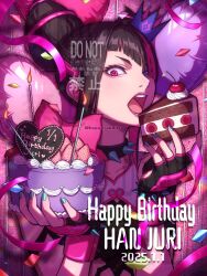 1girl black_hair blue_eyes bracelet breasts cake candle collar drill_hair fingerless_gloves food gloves hair_horns han_juri happy_birthday hepu2rabbits_(epuusa) highres jewelry lipstick makeup nail_polish open_mouth purple_eyes short_hair solo spiked_bracelet spiked_collar spikes street_fighter twin_drills