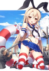Rule 34 | &gt; &lt;, 10s, 1girl, anchor, anchor hair ornament, bare shoulders, black panties, blonde hair, blush, closed eyes, clothes lift, elbow gloves, gloves, hair ornament, hair ribbon, highres, kantai collection, kneeling, lifebuoy, long hair, looking at viewer, miniskirt, navel, open mouth, panties, personification, rensouhou-chan, ribbon, sailor collar, shimakaze (kancolle), skirt, skirt lift, solo, striped clothes, striped thighhighs, swim ring, thighhighs, underwear, upskirt, white gloves, yaguo