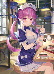 Rule 34 | 1girl, absurdres, aqua nails, blush, breasts, cafe, cake, chinese commentary, cleavage, cleavage cutout, clothing cutout, colored inner hair, commentary request, cookie, day, eating, english text, food, fork, heart-shaped food, highres, hokori sakuni, hololive, indoors, long hair, macaron, maid headdress, medium breasts, minato aqua, minato aqua (1st costume), multicolored hair, nail polish, open mouth, petticoat, pitcher (container), puffy short sleeves, puffy sleeves, purple eyes, purple hair, saucer, short sleeves, sitting, solo, sweets, twintails, virtual youtuber