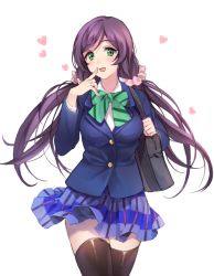 Rule 34 | 10s, 1girl, bag, black thighhighs, blazer, blush, bow, breasts, female focus, green eyes, happy, heart, ice (ice aptx), jacket, long hair, looking at viewer, love live!, love live! school idol project, low twintails, medium breasts, open mouth, purple hair, school bag, scrunchie, simple background, skirt, smile, solo, thighhighs, tojo nozomi, twintails, zettai ryouiki