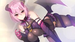 Rule 34 | 1girl, all fours, bare shoulders, blurry, blurry background, blush, breasts, closed mouth, clothing cutout, demon horns, demon tail, demon wings, elbow gloves, feet out of frame, female focus, game cg, gamen kara detekita oshi vtuber to h na dousei seikatsu, gloves, hair between eyes, heart cutout, horns, huge breasts, kanmu amu, legs, looking at viewer, matching hair/eyes, original, pink eyes, pink hair, short hair, simple background, skin tight, smile, solo, tail, thighhighs, thighs, wings, yu-ta