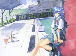 Rule 34 | 1girl, absurdres, ayanami rei, bandages, bandage over one eye, barbed wire, blue hair, chain-link fence, chair, color halftone, day, drain (object), dutch angle, eyepatch, fence, highres, looking at viewer, neon genesis evangelion, neon genesis evangelion (manga), official art, outdoors, pool, poolside, red eyes, sadamoto yoshiyuki, scan, school, school uniform, short hair, socks, solo, starting block, vanishing point
