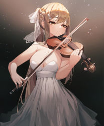 Rule 34 | 1girl, bare arms, bare shoulders, bow (music), braid, breasts, brown eyes, brown hair, cleavage, dark background, dress, gradient background, hair ornament, hair ribbon, highres, holding, holding instrument, holding violin, instrument, large breasts, long hair, munseonghwa, music, no bra, original, playing instrument, ponytail, ribbon, sidelocks, sleeveless, sleeveless dress, solo, standing, strapless, strapless dress, very long hair, violin, white dress