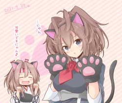 Rule 34 | 2girls, animal ears, animal hands, ascot, blue eyes, brown hair, cat ears, cat tail, closed eyes, commentary request, dated, fake animal ears, flower, gloves, hachimaki, hairband, headband, high ponytail, highres, japanese clothes, kantai collection, long hair, looking at viewer, messy hair, military, military uniform, multiple girls, muneate, paw gloves, paw pose, paw print, ponytail, red ascot, red flower, red rose, rose, sheffield (kancolle), shizuna kaede, striped, tail, translation request, uniform, upper body, zuihou (kancolle)