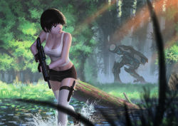 Rule 34 | 1girl, absurdres, black eyes, black footwear, black gloves, black hair, black shorts, blurry, breasts, closed mouth, collarbone, crop top, darkmuleth, depth of field, forest, gloves, grass, gun, highres, holding, holding gun, holding weapon, holster, knife, large breasts, log, looking back, looking to the side, mecha, midriff, nature, original, outdoors, robot, running, scenery, science fiction, shiny skin, shoes, short hair, short shorts, shorts, sleeveless, tank top, thigh holster, thigh strap, thighhighs, tree, trigger discipline, wading, water, weapon, white thighhighs