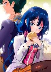 Rule 34 | &gt;:), 10s, 1boy, 1girl, adagaki aki, aloe (kenkou3733), back-to-back, baozi, black pantyhose, blue eyes, blue hair, blush, breasts, brown pants, closed mouth, eating, food, green hair, hair ribbon, highres, holding, holding food, jacket, lens flare, long hair, long sleeves, low twintails, makabe masamune, masamune-kun no revenge, medium breasts, open clothes, open jacket, orange skirt, package, pants, pantyhose, plaid, plaid skirt, profile, ribbon, sitting, skirt, striped ribbon, sweatdrop, twintails, v-shaped eyebrows, very long hair, white jacket, wrapper