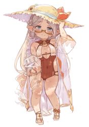 Rule 34 | 1girl, 7010, bare shoulders, blue eyes, blush, breasts, breasts apart, brown one-piece swimsuit, cleavage cutout, clothing cutout, covered navel, flower, full body, glasses, granblue fantasy, grey hair, hand on own thigh, hat, head tilt, holding, holding clothes, holding hat, looking at viewer, one-piece swimsuit, pointy ears, sandals, semi-rimless eyewear, short sleeves, simple background, small breasts, smile, solo, split mouth, standing, standing on one leg, straw hat, sweat, swimsuit, under-rim eyewear, white background, zahlhamelina